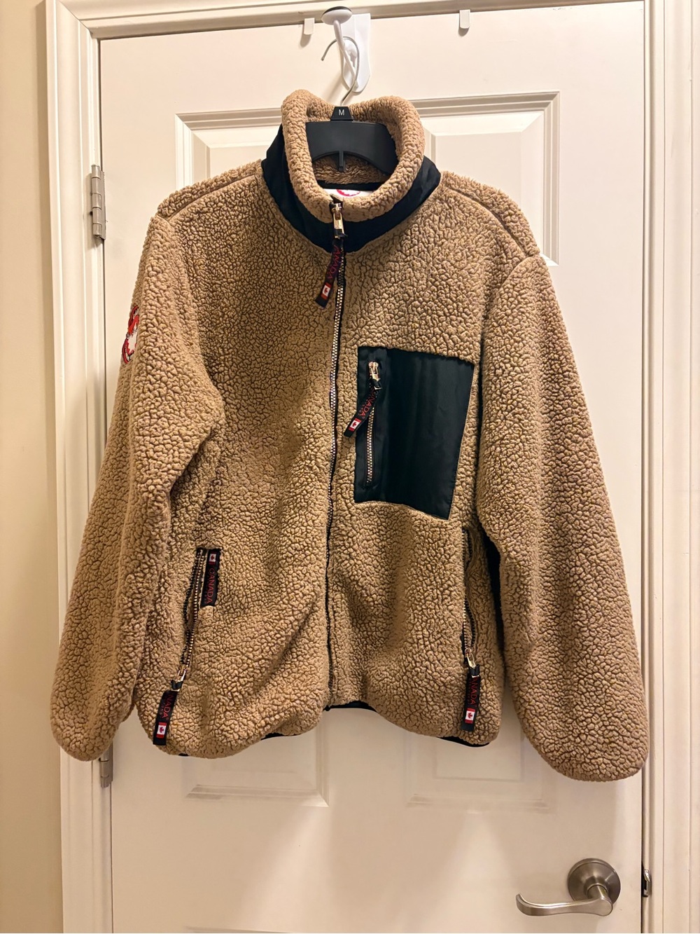 Women’s Tan Teddy Fleece Jacket with Black Trim